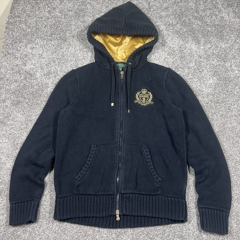 Vintage Y2K Women's L Polo Ralph Lauren Crest Logo Full Zip Chunky Knit Sweater - Picture 2 of 8